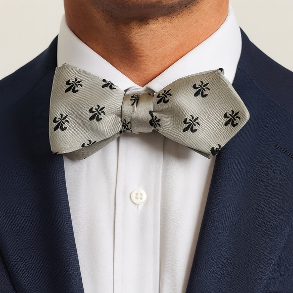 Men’s Silver Fleur-De-Lis Clip On Bow Tie - Picture 1 of 6